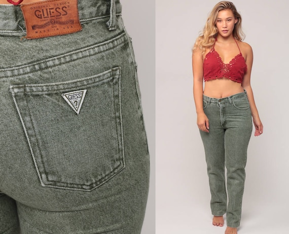 Mom Jeans GUESS Jeans High Waist Jeans 80s Green Jeans High Waisted Denim Pants Tapered Slim 90s Vintage Stone Wash Hipster Medium 10 30