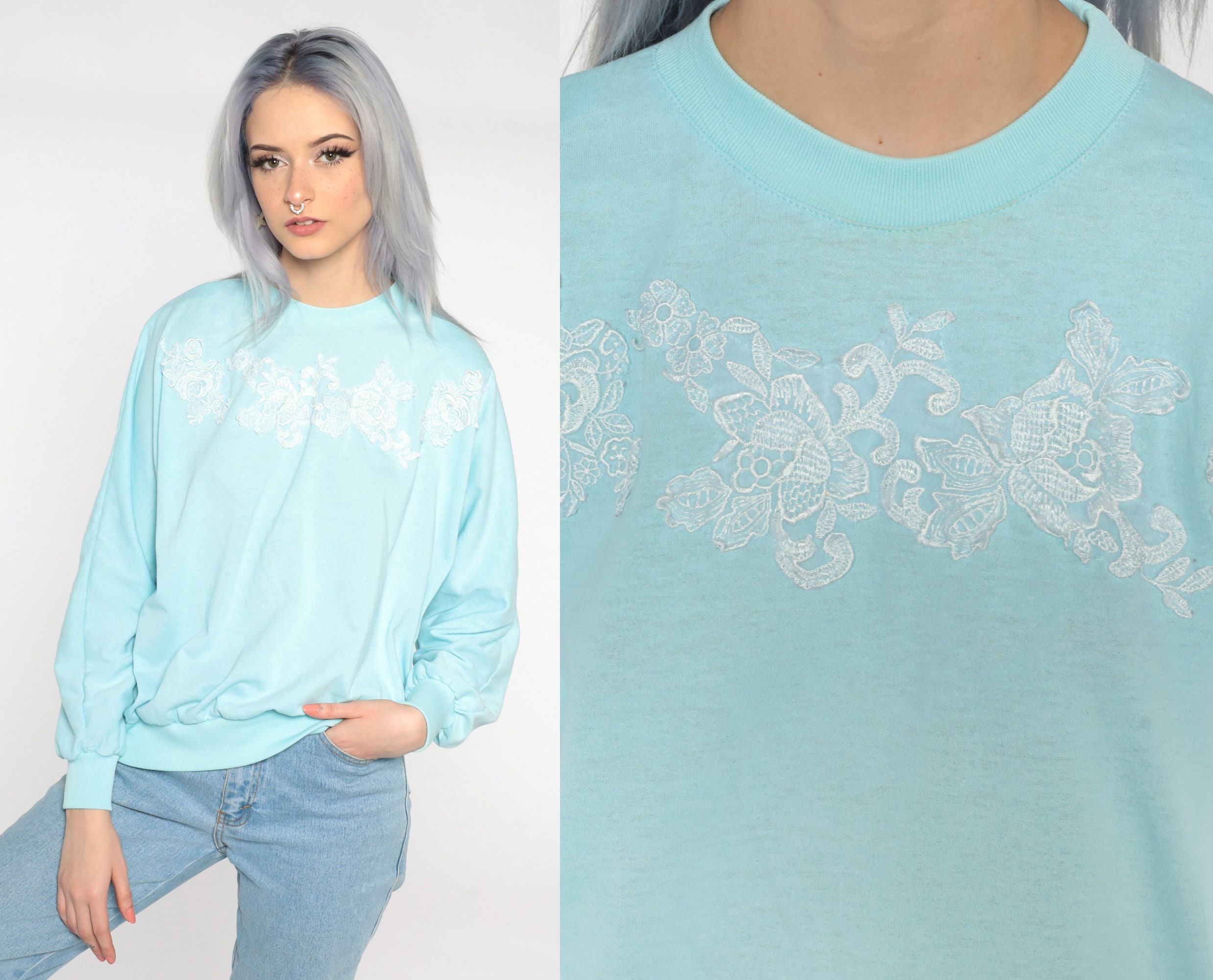 Floral Sweatshirt 80s Lace Applique 