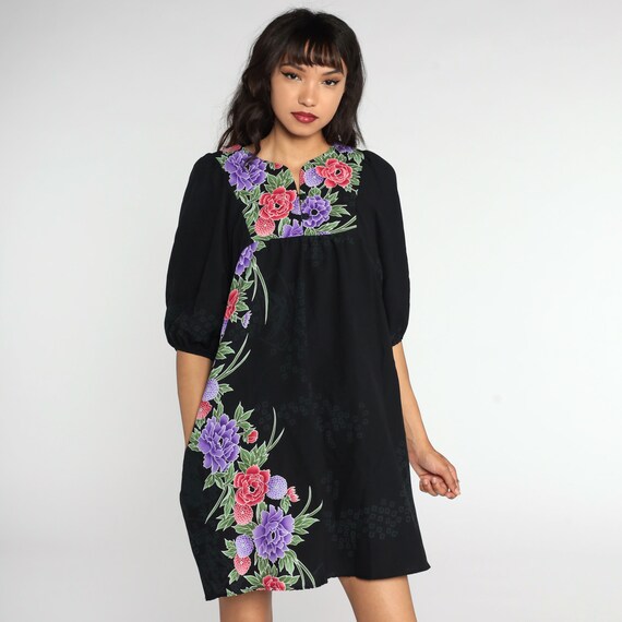 Vintage Floral Tent Dress 80s Floral Dress Black Purple Mini Puff Sleeve Summer Festival Hippie Bohemian 1980s Medium
