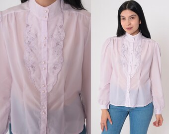 Lavender Embroidered Blouse 70s Semi-Sheer Floral Puff Sleeve Cutout Top Light Purple Victorian Button up Shirt Cutwork Vintage 1970s Small