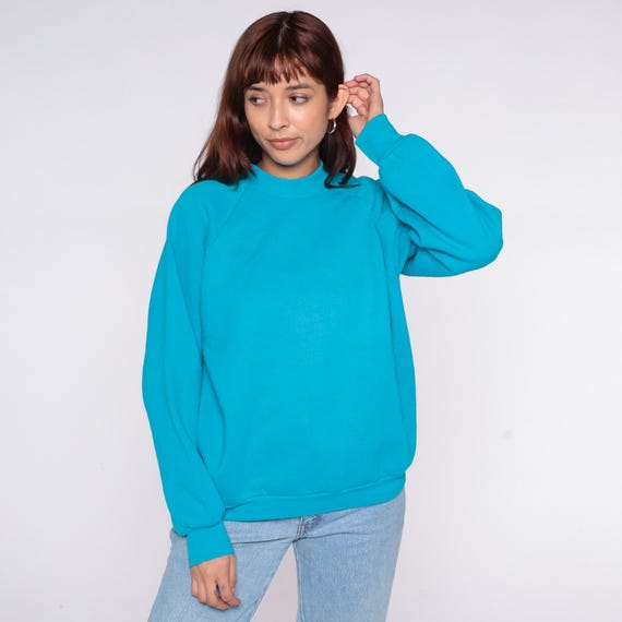 90s Turquoise Sweatshirt Fruit of the Loom Bright Blue Pullover Vintage Cyan Long Sleeve Solid Color Minimalist Plain Extra Large XL