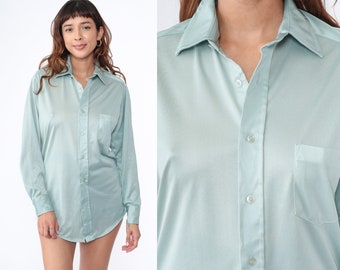 Camisa con botones azul hielo Camisa Oxford de los años 70 Top azul claro Cuello de manga larga Plain Retro Vintage 1970 Montgomery Ward Hombre Medio 15 1/2 32