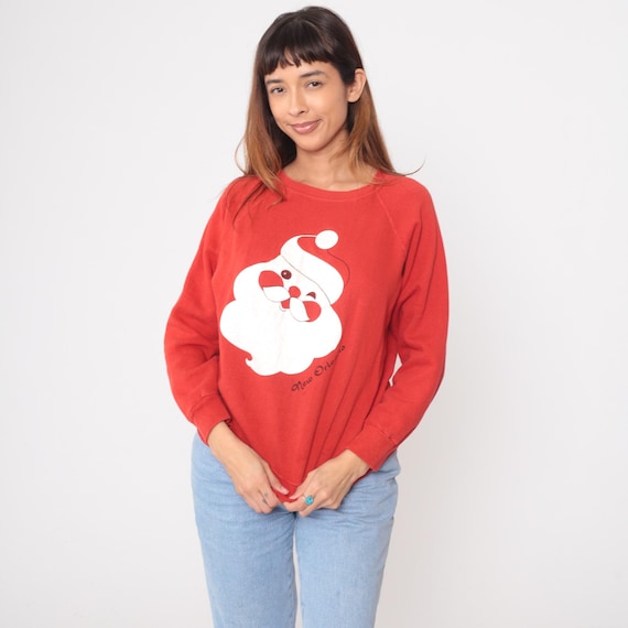 Christmas Santa Sweatshirt New Orleans 80s Vintage Red Crew Neck Pullover Raglan Sleeve Holiday Cotton Winter Unisex Graphic Medium M