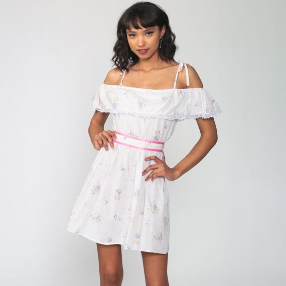 Vintage Floral Peasant Dress 70s Off-White Off Shoulder Dress Flounce Sundress Mini Boho Sun Dress 1970s Bohemian Summer Extra Small 2xs xxs