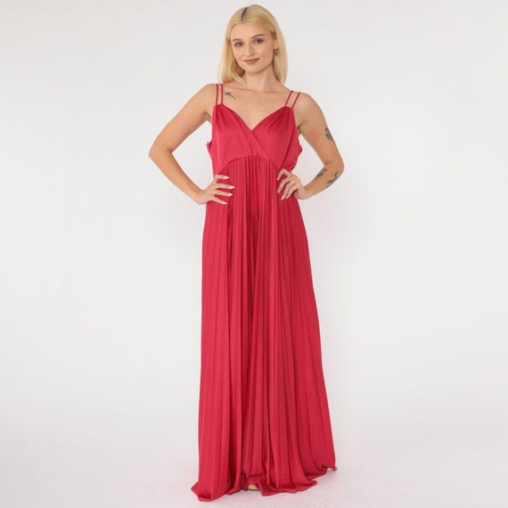 Vintage Maxi Party Dress Raspberry Red 70s Grecian Gown Pleated Deep V Neck Wrap Elegant Long Spaghetti Strap Flowing Disco Formal Large