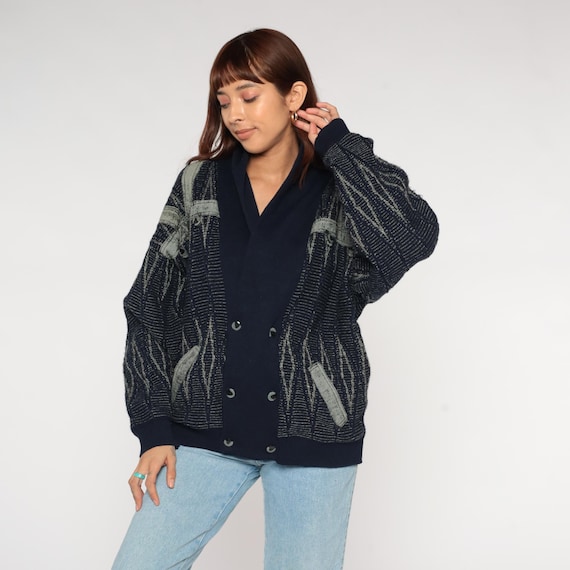 Chunky Knit Cardigan Navy Gray Sweater 90s J Bar-Lun Double Breasted Button Front Patterned Vintage Textured Long Sleeve Winter Large L