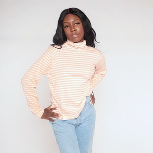 Striped Turtleneck Shirt 80s Long Sleeve Top Retro Basic Hipster Turtle Neck Pullover Simple Casual Blouse White Peach Vintage 1980s Large L image 4