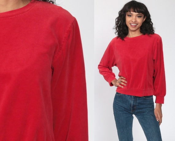80s Velour Sweatshirt -- Red Soft Long Sleeve Shir