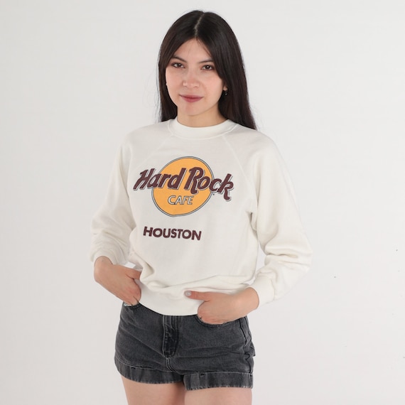 Vintage Hard Rock Cafe Sweatshirt 90s Houston Texas Graphic Shirt Retro Tourist Pullover Sweater Raglan Sleeve Graphic Tee White 1990s Small