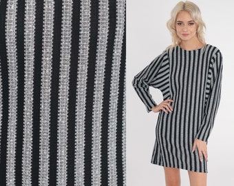 70s Striped Dress Mini Party Dress Long Sleeve Shift Black White Grey Woven Vertical Stripes Retro Seventies Minidress Vintage 1970s Medium