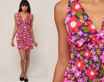 70s Mini Dress Flower Power Summer Dress Floral Dress Deep V Neck Mod RACERBACK Neon 1970s Empire Waist Hippie Vintage Boho Extra Small xs