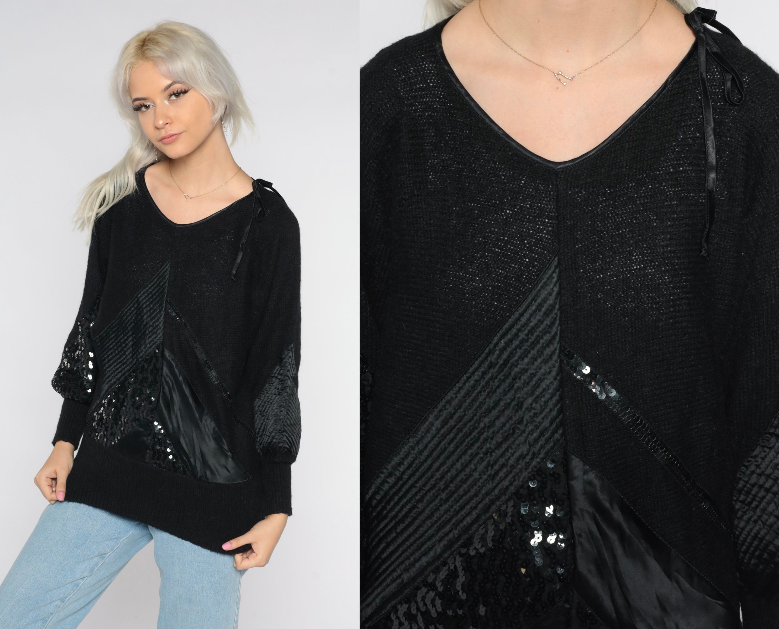 Black Sequin Sweater 80s Textured Knit Sweater Boho Grunge Slouchy V