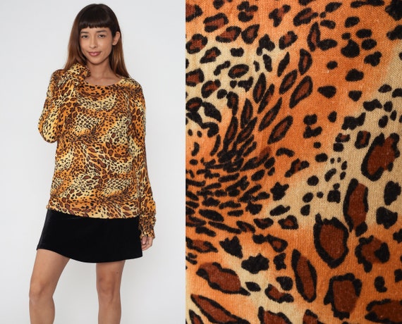 Cheetah Print Sweater Top Y2K Knit Shirt Long sle… - image 1