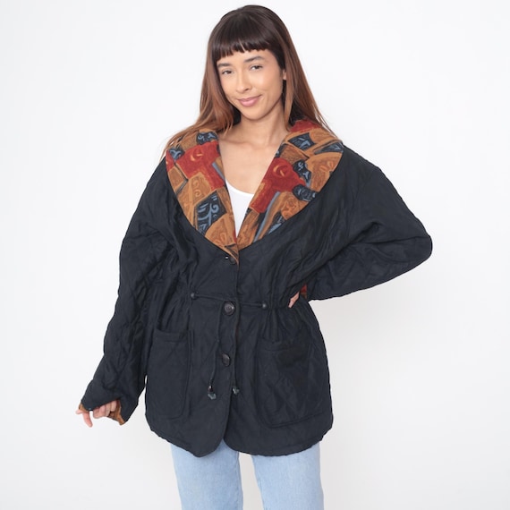 90s Quilted Jacket Black Button Front Colorful Abstract Print Collar Lining Vintage Coat Oversized Winter Warm Puffer Style Outerwear Large