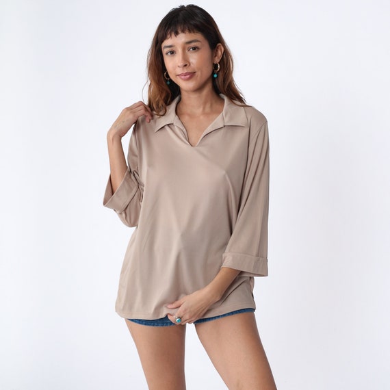 Tan Blouse Y2K Simple Shirt Collared V Neck Top Cuffed 3/4 Sleeve V-Neck Basic Plain Neutral Earth Tone Boho Minimalist Vintage 00s Large L