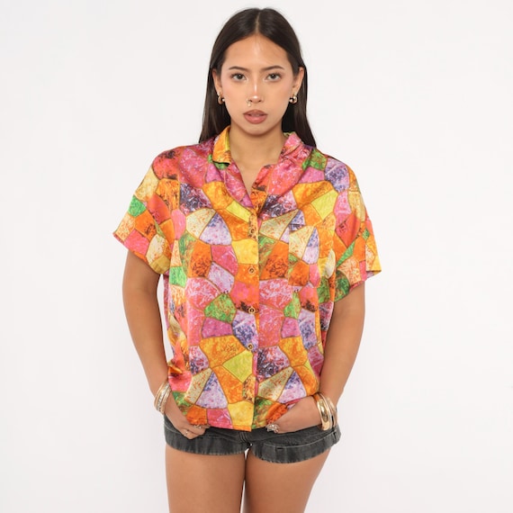 Mosaic Stained Glass Shirt 2000s Colorful Blouse Camp Collar Short Sleeve Geometric Pink Orange Purple Green Hawaiian Summer Top Large L
