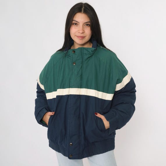 Vintage Duck Down Puffer Jacket 90s Colorblock Ski Jacket Green Navy Blue Retro 1990s Puffy Zip Up Winter Coat Men's Oversize Medium