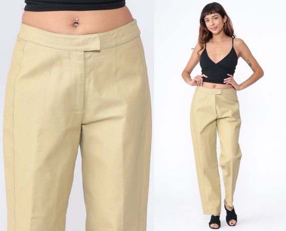 90s Leather Pants Light Beige Leather Pants High Waisted Pants Relaxed Straight Leg Trousers 1990s Vintage Club Party High Waist Large 12 32
