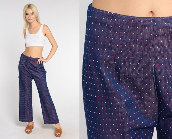70s Polka Dot Pants Navy Blue Bell Bottom Trousers Retro Mod Bellbottoms High Waisted Flared Pants Hippie Flares Vintage 1970s Medium Large