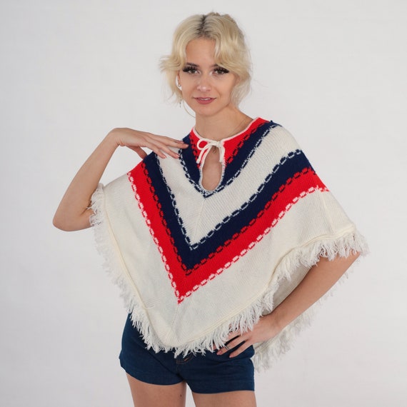 70s Striped Poncho Knit Hippie Poncho Fringe Shall Cape Blanket White Red Blue Chevron Keyhole Retro Festival Vintage 1970s Small Medium