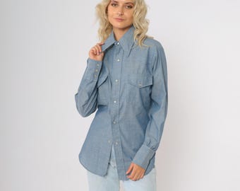 Camicia Western in Chambray, Camicia Western anni '70, Blu Denim, Manica Lunga, Vintage anni '70, Cowboy, Cotone, Abbottonatura, Blu, Media