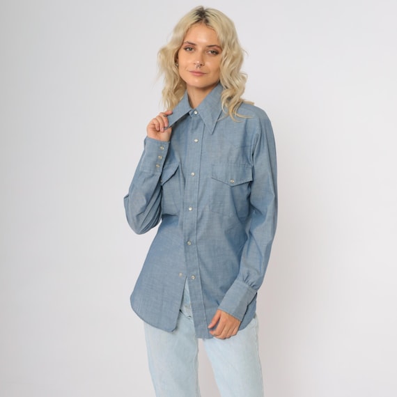 Chambray Western Shirt Western Shirt 70s Blue Denim Yoke Long Sleeve Vintage Seventies Cowboy Cotton Button Up 1970s Blue Medium