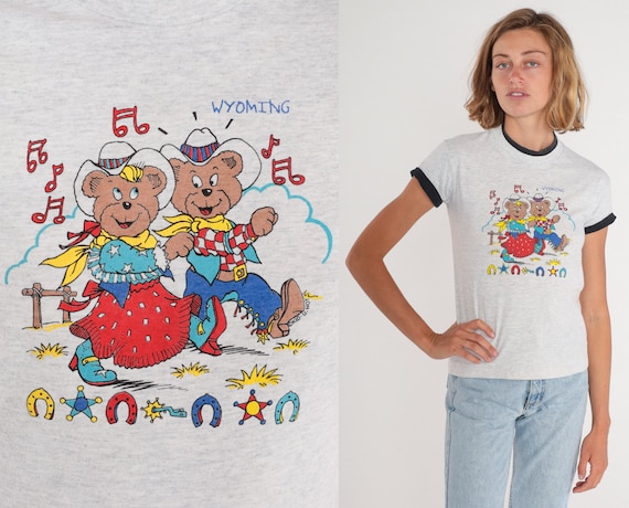 Cowboy Teddy Bear Shirt 90s Wyoming T-Shirt Square Dance Bears Graphic Tee Tourist Single Stitch Heather Grey Black Cuffed Vintage 1990s 2xs