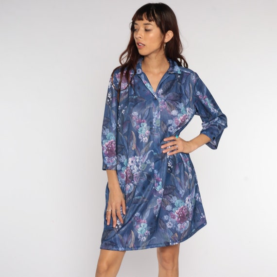 70s Boho Dress Purple Floral Print Shift Mini Hippie Vintage 80s Zip Up Long Sleeve Bohemian Tunic Patterned Zipper Front Extra Large xl