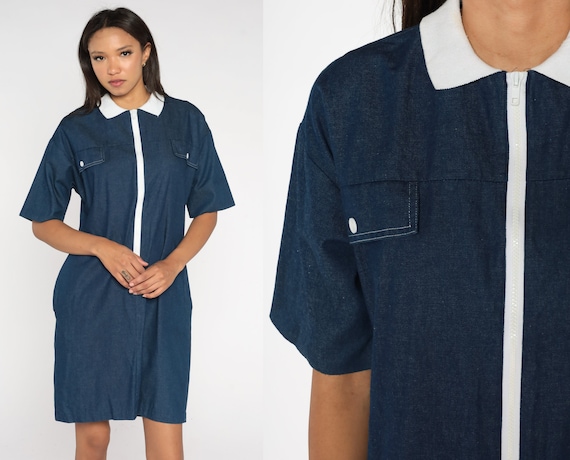 Dark Chambray Dress 80s Zip Up Denim Dress Mini Dark Blue Jean Shift Dress 1980s White Collared Vintage Minidress Retro Short Sleeve Medium