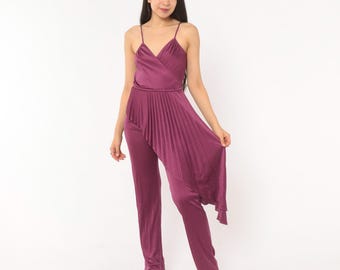 70s Plum Jumpsuit Pleated Asymmetrical Overlay Spaghetti Strap Surplice Wrap V Neck Disco Straight Leg Purple One Piece Vintage Romper Small