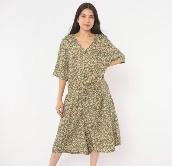 90s Olive Floral Romper Button Front Calico Print Cream Green Prairie Cottagecore Relaxed Fit Summer Garden Sage Moss Vintage Extra Large XL