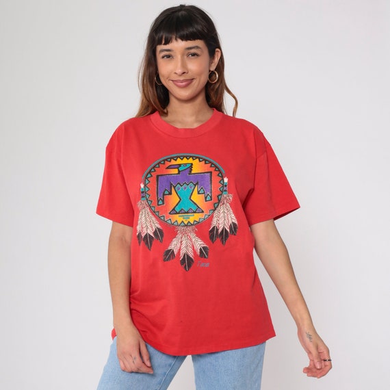 Vintage Taos New Mexico Shirt Native American Glitter Eagle Graphic Tee Travel Southwestern Retro Sparkly Dream Catcher 1990s Red Large L