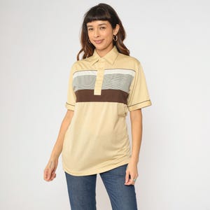 Vintage Cream Striped Polo Shirt 80s Brown Collared T-shirt Retro Quarter Button Up Preppy Basic Casual 1980s Small Medium