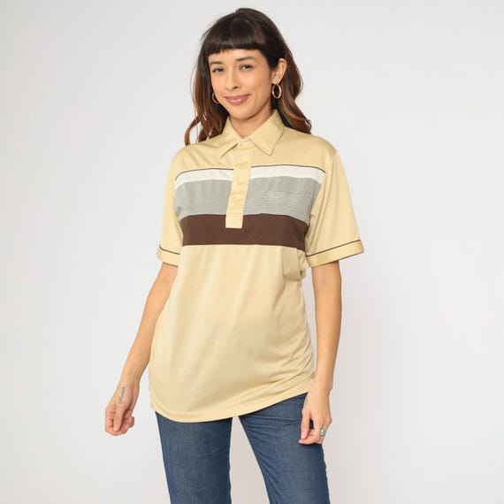 Vintage Cream Striped Polo Shirt 80s Brown Collared T-shirt Retro Quarter Button Up Preppy Basic Casual 1980s Small Medium