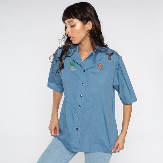 Embroidered Western Shirt 70s Rodeo Cactus Shirt Button Up Blue Short Sleeve 1970s Sun Button Up Hipster Vintage Top Desert Cowboy Large