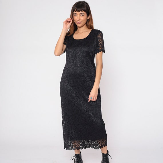 Black Lace Dress 90s Party Dress Floral Midi Pencil Sheath Short Sleeve Cocktail Evening Formal Gothic Boho Vintage 1990s Helen Blake Medium