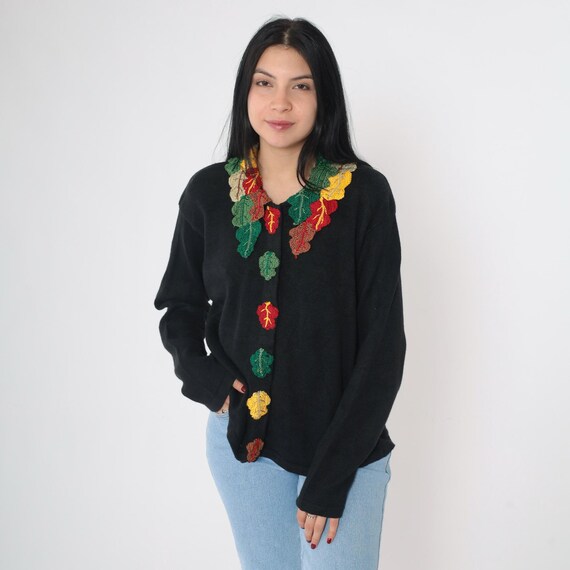 Vintage Black Cardigan with Crocheted Leaves 90s Collared Hidden Button Up Fall Sweater Ramie Cotton 1990s Leaf Sweater Large