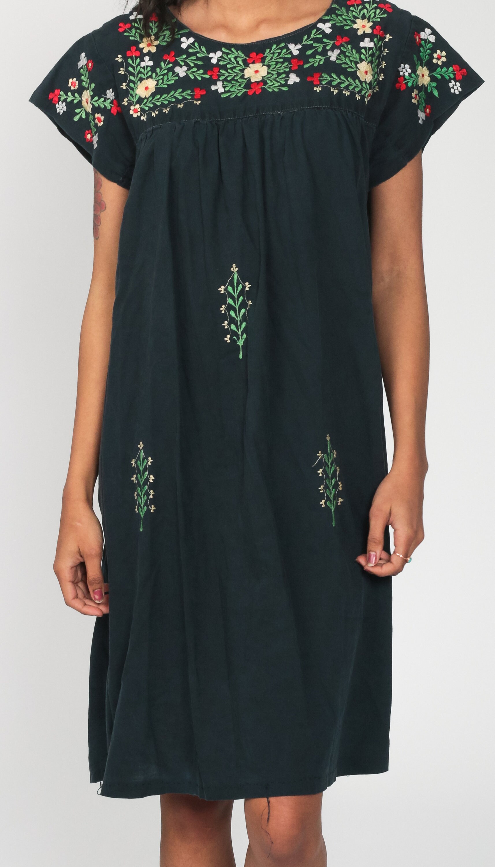 Black Mexican Dress Midi Embroidered Boho Cotton Tunic Hippie Floral Ethnic Bohemian Vintage 