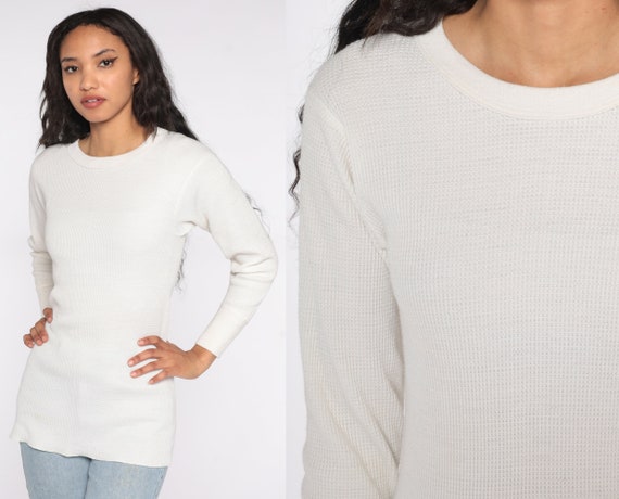 White Thermal Shirt 80s Long Sleeve Undershirt WAFFLE KNIT Shirt 1980s Under Shirt T Shirt Underwear Retro Tee Layer Vintage Medium Med M