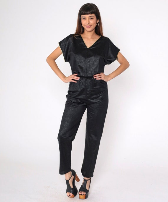 80s Black Jumpsuit Floral Tapered Jumpsuit Pants Vintage Disco Romper Gold Trim V Neck Summer 1980s High Waisted Short Sleeve Small S