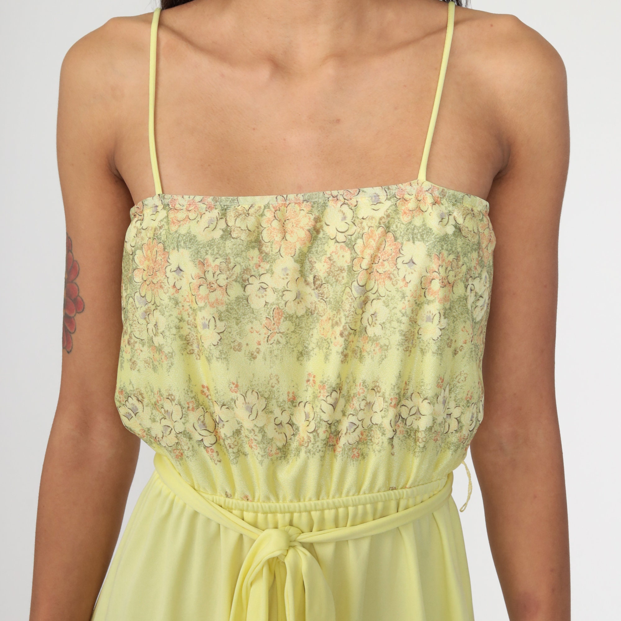 Yellow Disco Dress Floral Grecian Dress 1970s Dress Bohemian Mini 70s Boho Party Spaghetti Strap 