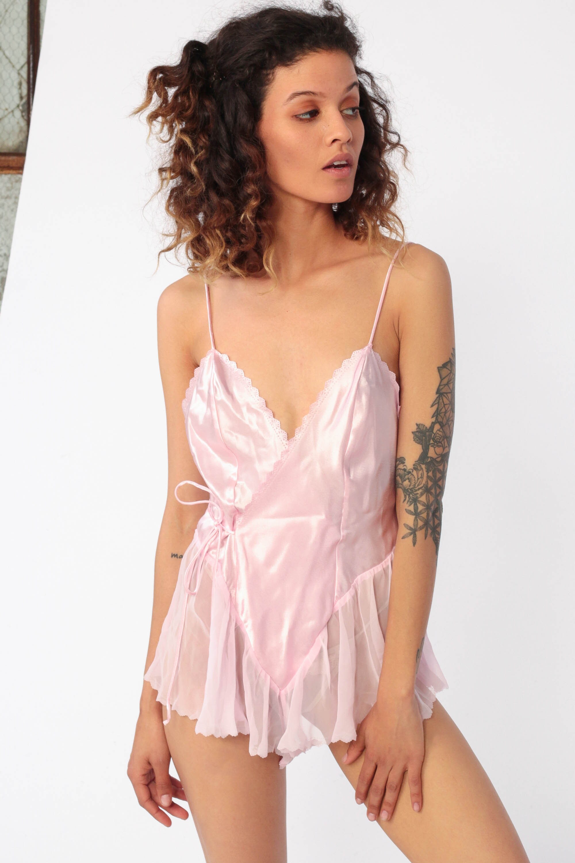 Pink Lingerie Teddy Satin Teddie TAP SHORTS 80s One Piece Onesie