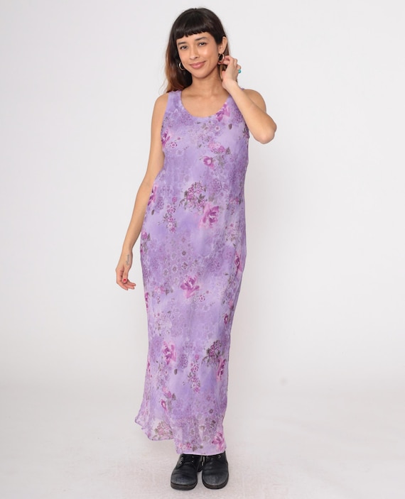 Lavender Floral Maxi Dress 90s Sleeveless Chiffon Vintage Romantic Ethereal Festival Sheer Dreamy Feminine Goddess Flowing Purple Large L