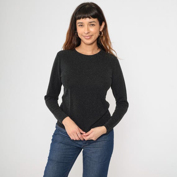 Vintage Black Sparkly Shirt 90s Metallic Knit Blouse Long Sleeve Top 1990s Hipster Classic Party Retro Fitted Small S