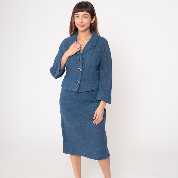 60s Tweed Two Piece Suit Set Blue Cropped Blazer Mini Pencil Skirt Academic Office Professional Vintage Dark Academia Preppy Style Medium M