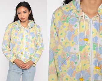 Floral Hooded Jacket 80s 90s Pastel Windbreaker Hoodie Retro Zip Up Bomber Flower Print Boho Vintage 1980s Spring Jacket Lightweight Medium