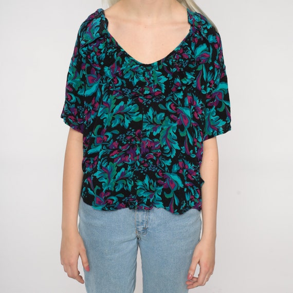 Floral Ruffle Shirt Short Sleeve Blouse Black Gre… - image 8