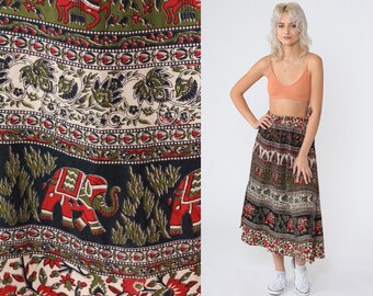 Indian Wrap Skirt 90s Batik Floral Midi Skirt Elephant Horse Print Boho Hippie Festival High Waist Bohemian Vintage 1990s Small Medium Large