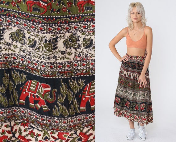 Indian Wrap Skirt 90s Batik Floral Midi Skirt Elephant Horse Print Boho Hippie Festival High Waist Bohemian Vintage 1990s Small Medium Large