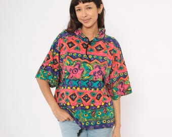 90s Psychedelic Hoodie Pink Teal Purple Tribal Cotton Pullover Hooded Top  Floral Colorful Abstract Aztec Drawstring Shirt One Size OSFM